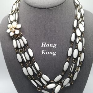 Vintage Hong Kong Lucite Necklace Black White 4 Strand Flower Clasp 1960s